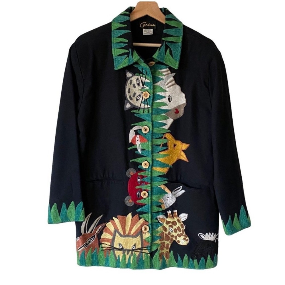 Safari Animal Embroidered Jacket Womens 4X Black Art to Wear India Cotton Jungle